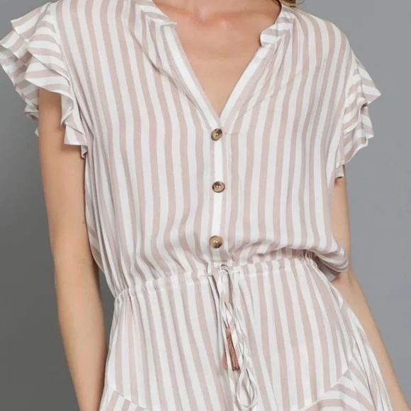 NWOT Tan & White Striped Ruffle Sleeve Shirt Dress - Picture 9 of 10